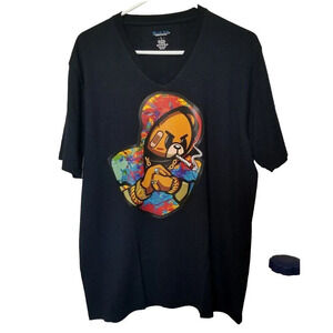 Mens Tshirt Navy Blue Bear Gangster Rapper Smoking Graphic Large Vneck NWT